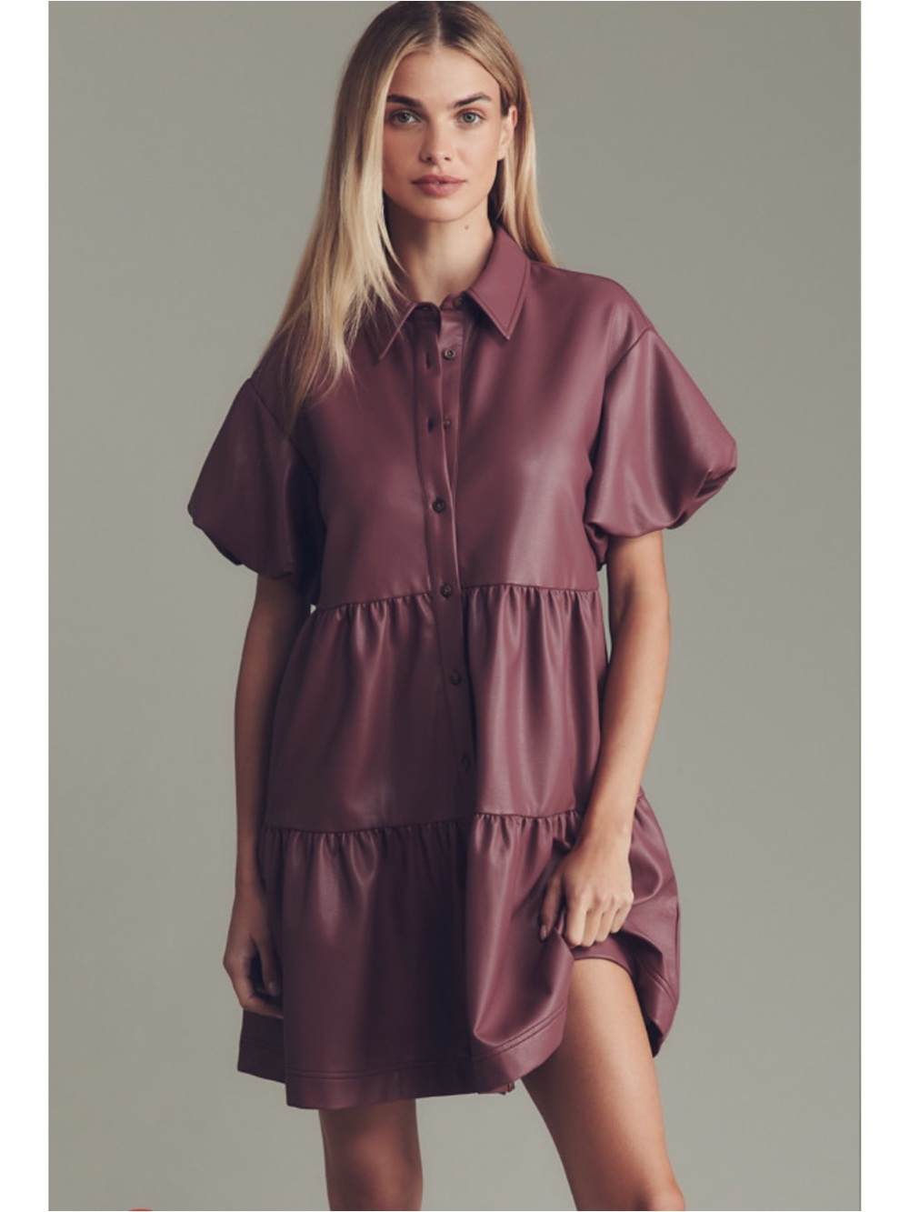 Maeve Anthropologie The Bettina Faux Leather Mini Shirt Dress - Plum